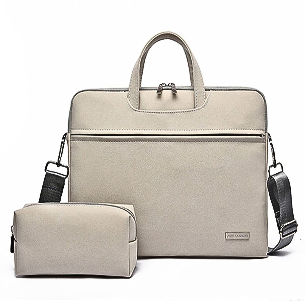 Beige Laptoptasche Set mit Kosmetiktasche und Schultergurt