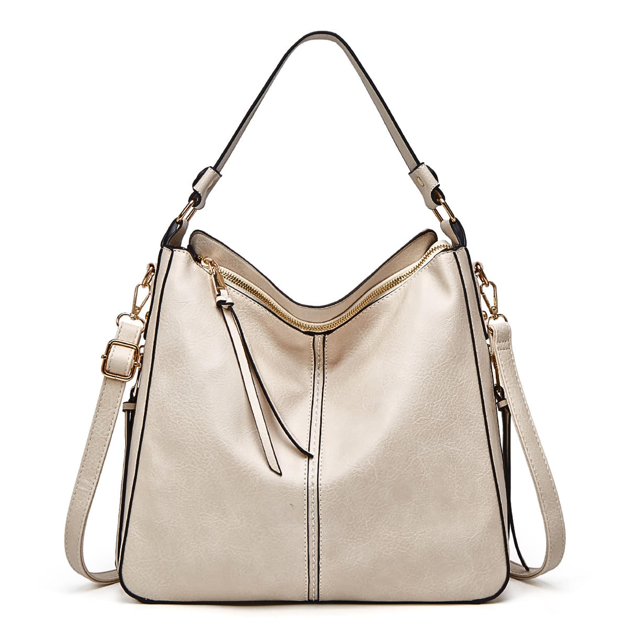 Beige leather hobo bag with adjustable shoulder strap and crossbody strap