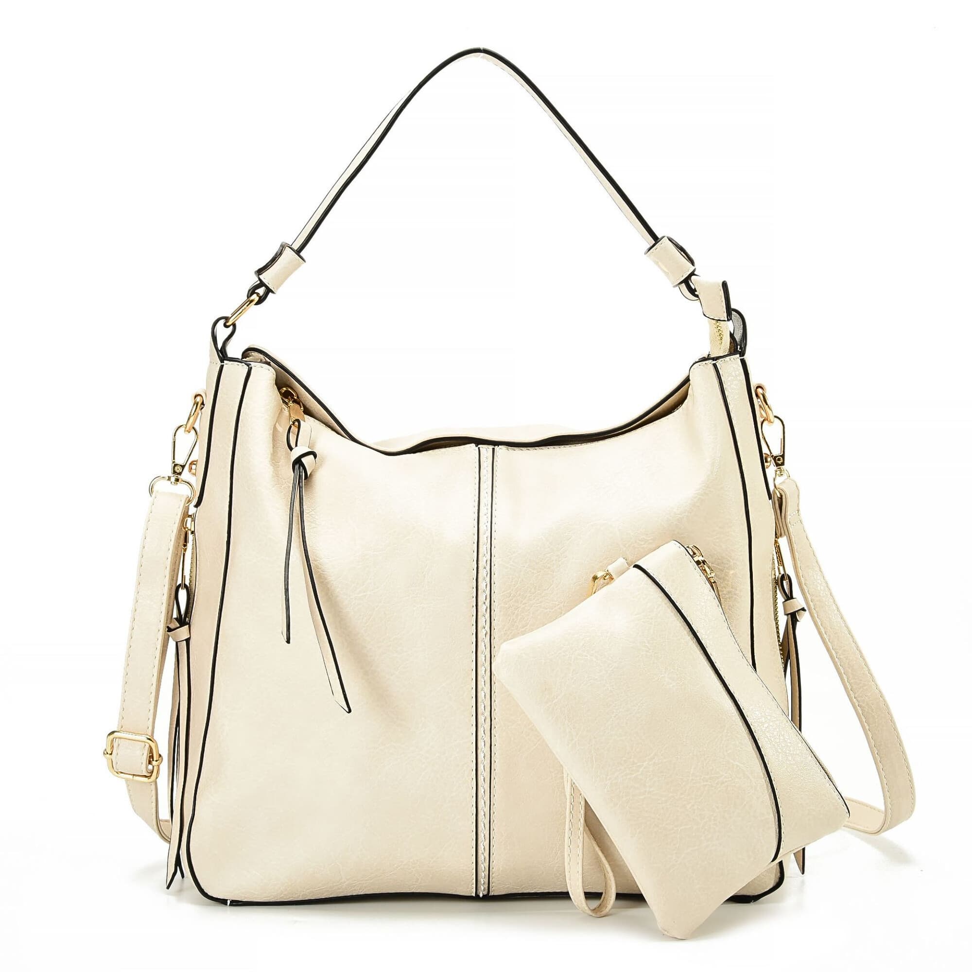 Beige Leder Hobo Tasche mit Zierquasten, verstellbarem Schultergurt und passender Clutch
