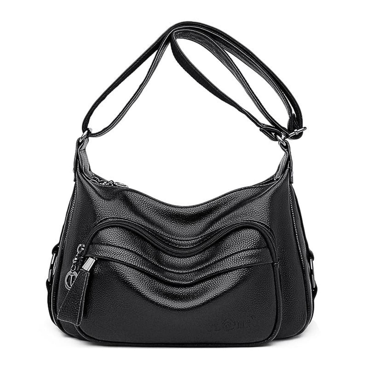 Black leather hobo bag with quilted wave pattern silver hardware and adjustable strap