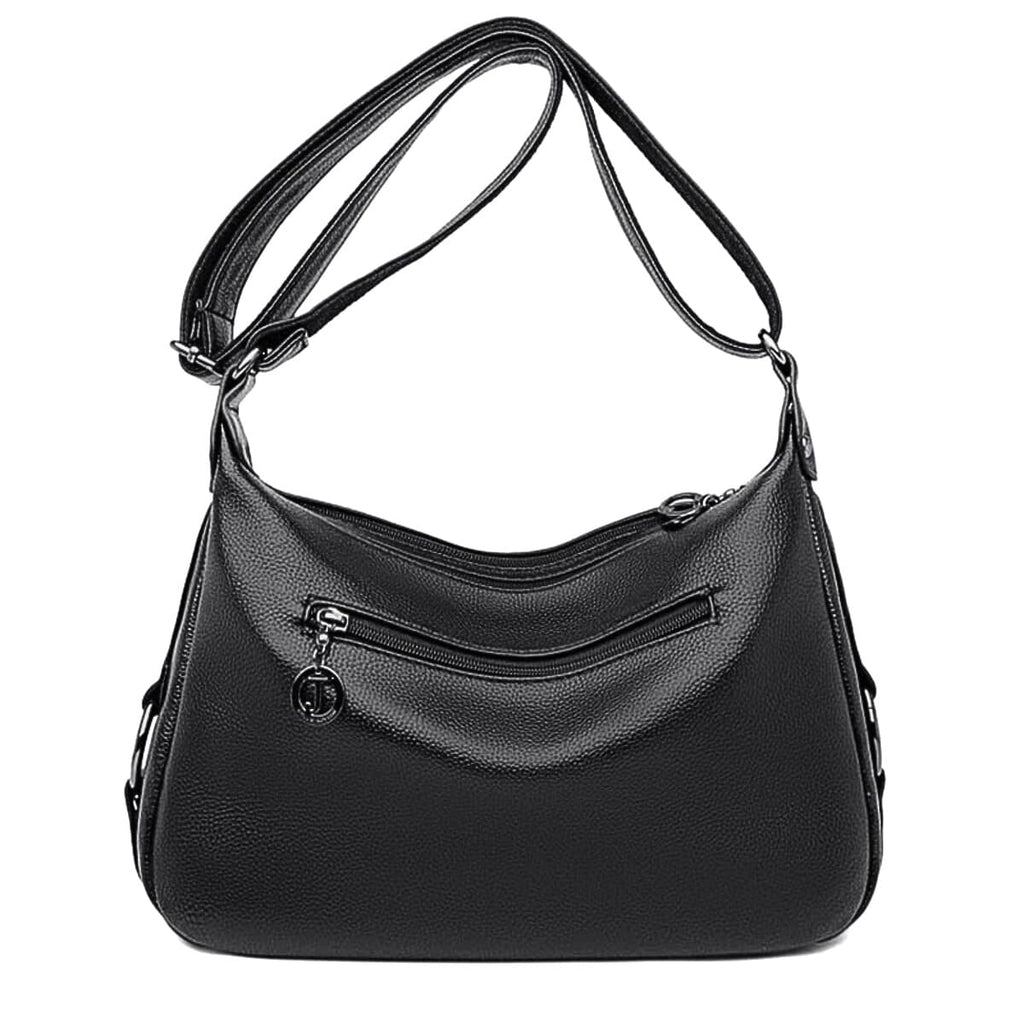 Black leather hobo shoulder bag with front zipper pocket and adjustable strap