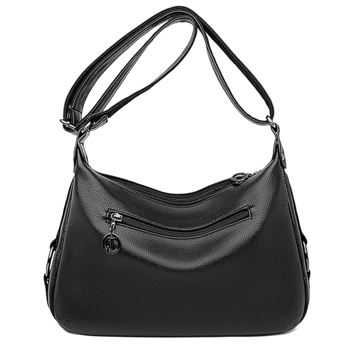 Black leather hobo shoulder bag with front zipper pocket and adjustable strap