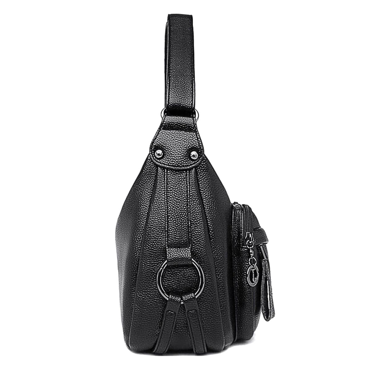 Black leather sling chest bag with silver hardware and adjustable shoulder strap