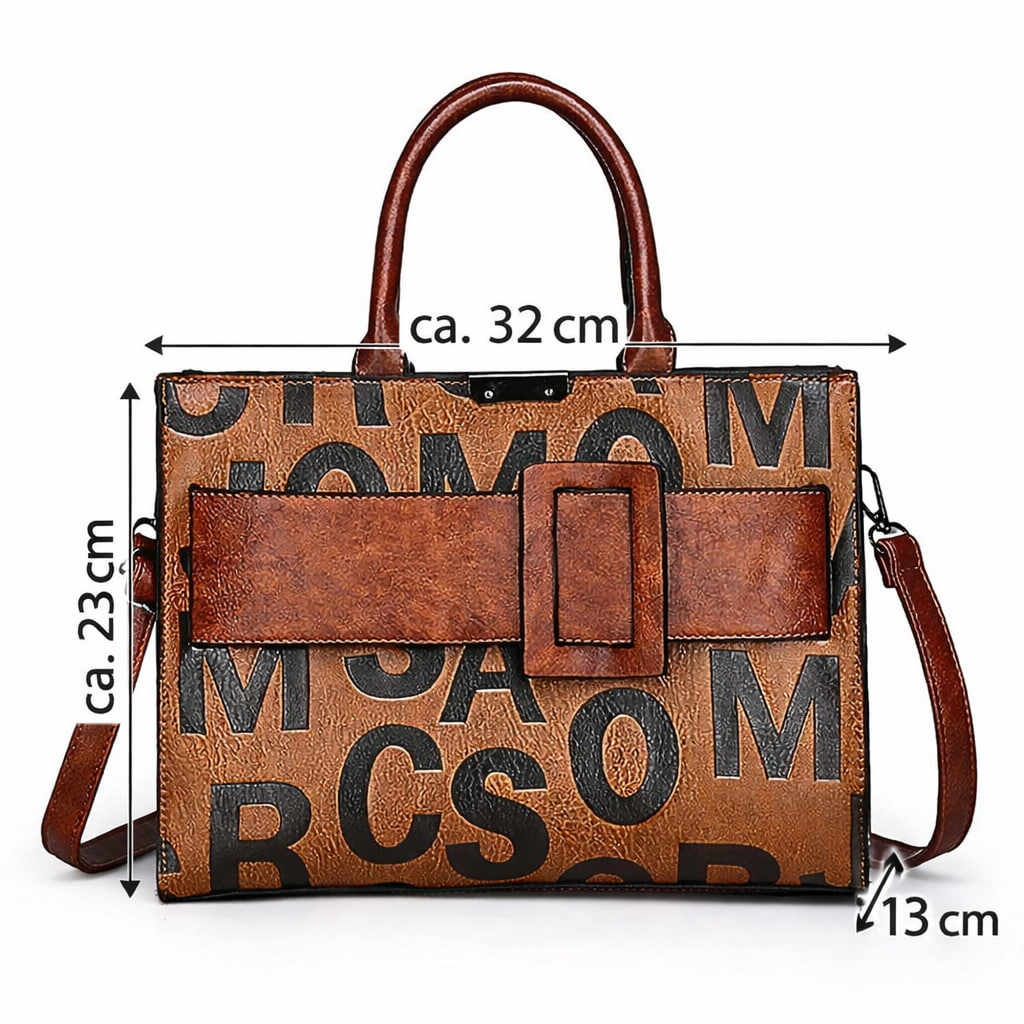 Braune Handtasche mit schwarzem Buchstaben-Print, Schnallendetail, Tragegriffen und Umhängeriemen – 32 x 23 x 13 cm