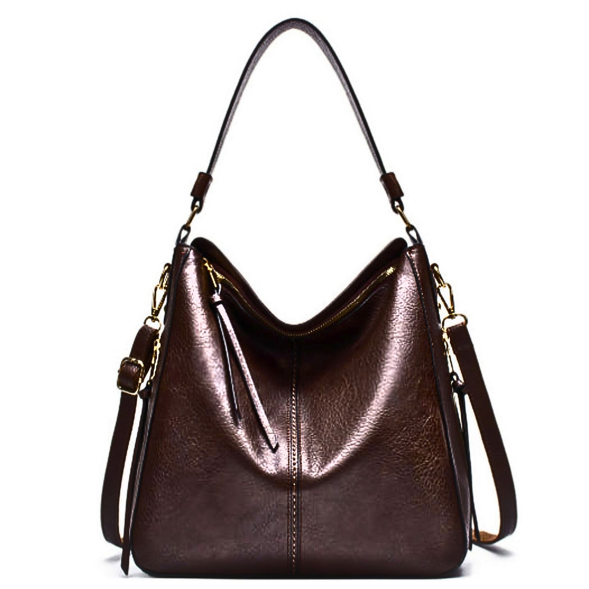 Brown leather hobo bag with adjustable shoulder strap and crossbody strap
