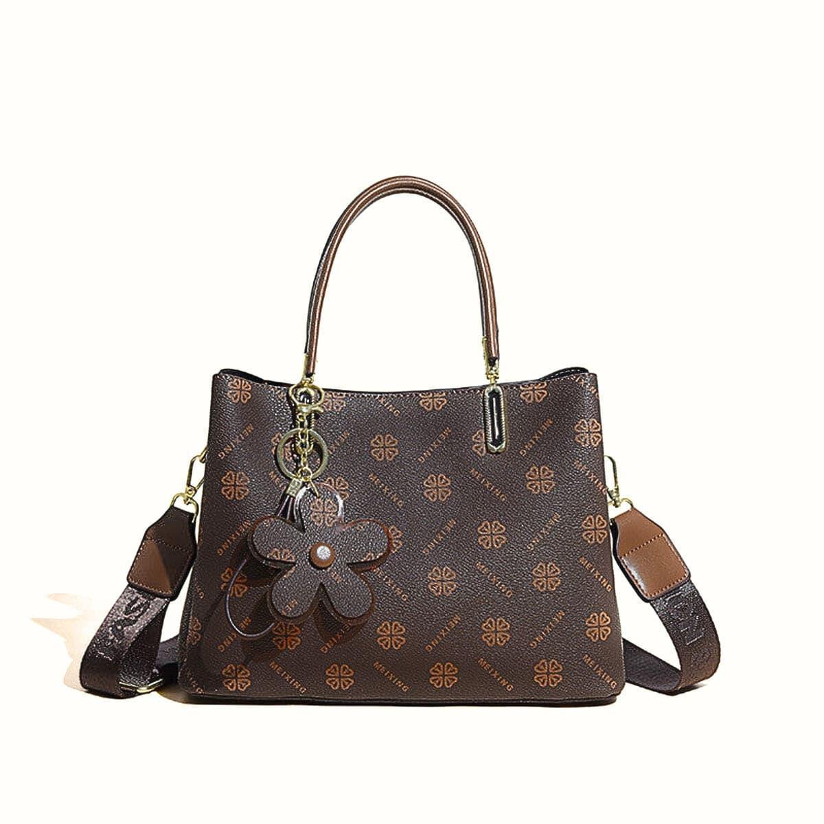 Monogramm Handtasche Damen – Tote Bag mit Blumenanhänger - LyneaAya