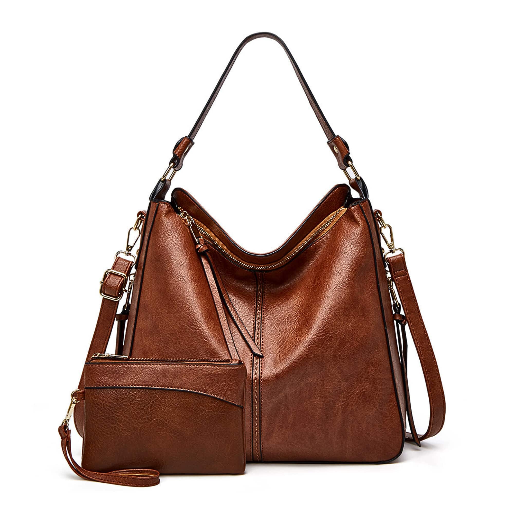 Cognac Leder Hobo Tasche mit Zierquasten, verstellbarem Schultergurt und passender Clutch
