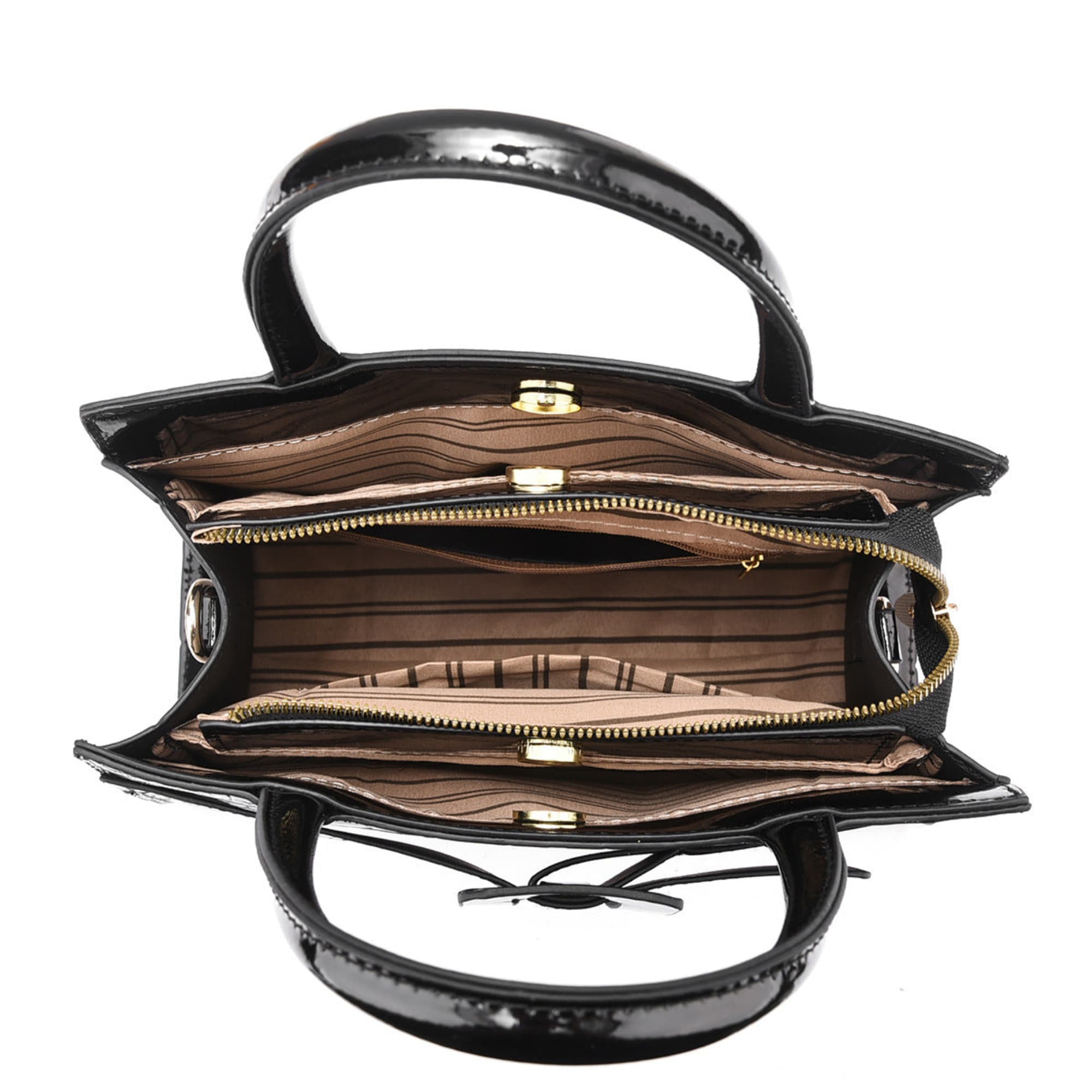 Innenansicht der Damenhandtasche mit mehreren Fächern, Reißverschluss und goldenen Details