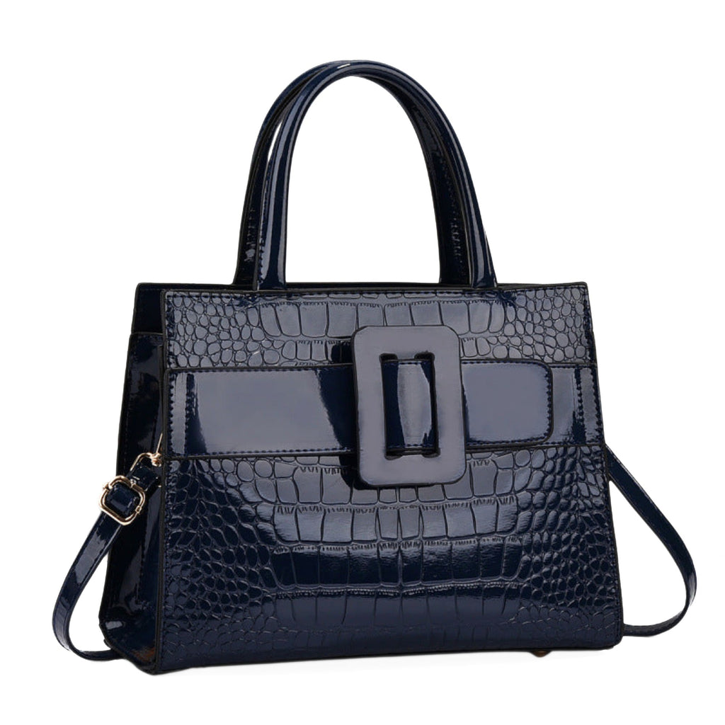 Blaue Damenhandtasche aus PU-Leder mit Krokooptik und Schnallendetail