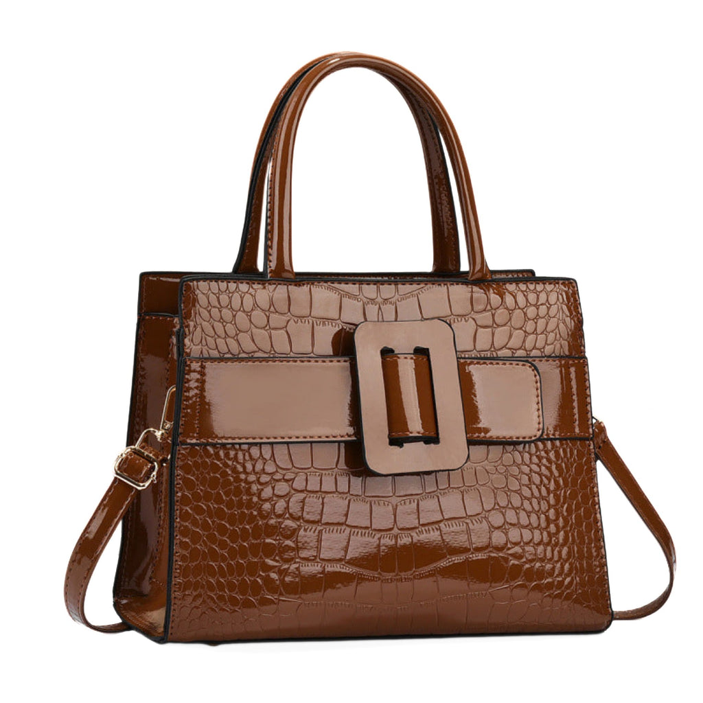 Braune Damenhandtasche aus PU-Leder mit Krokooptik und Schnallendetail