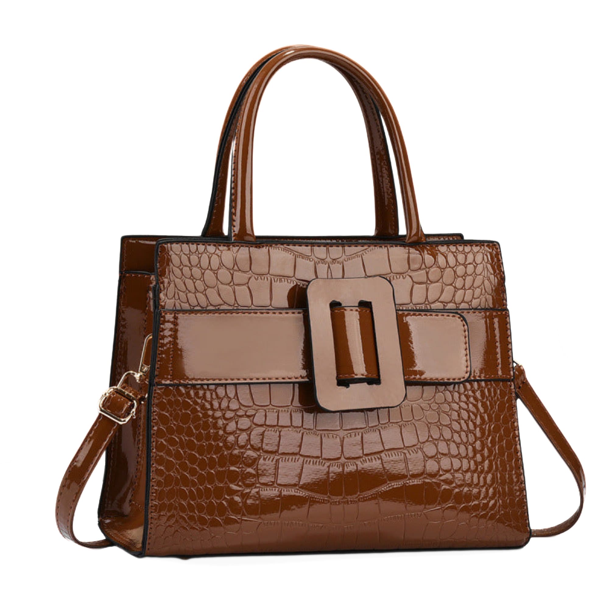 Braune Damenhandtasche aus PU-Leder mit Krokooptik und Schnallendetail