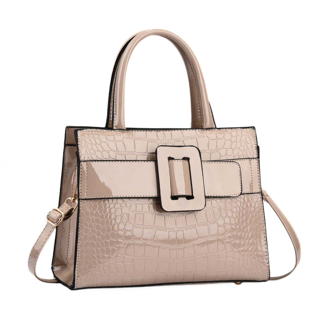 Khakifarbene Damenhandtasche aus PU-Leder mit Krokooptik und Schnallendetail