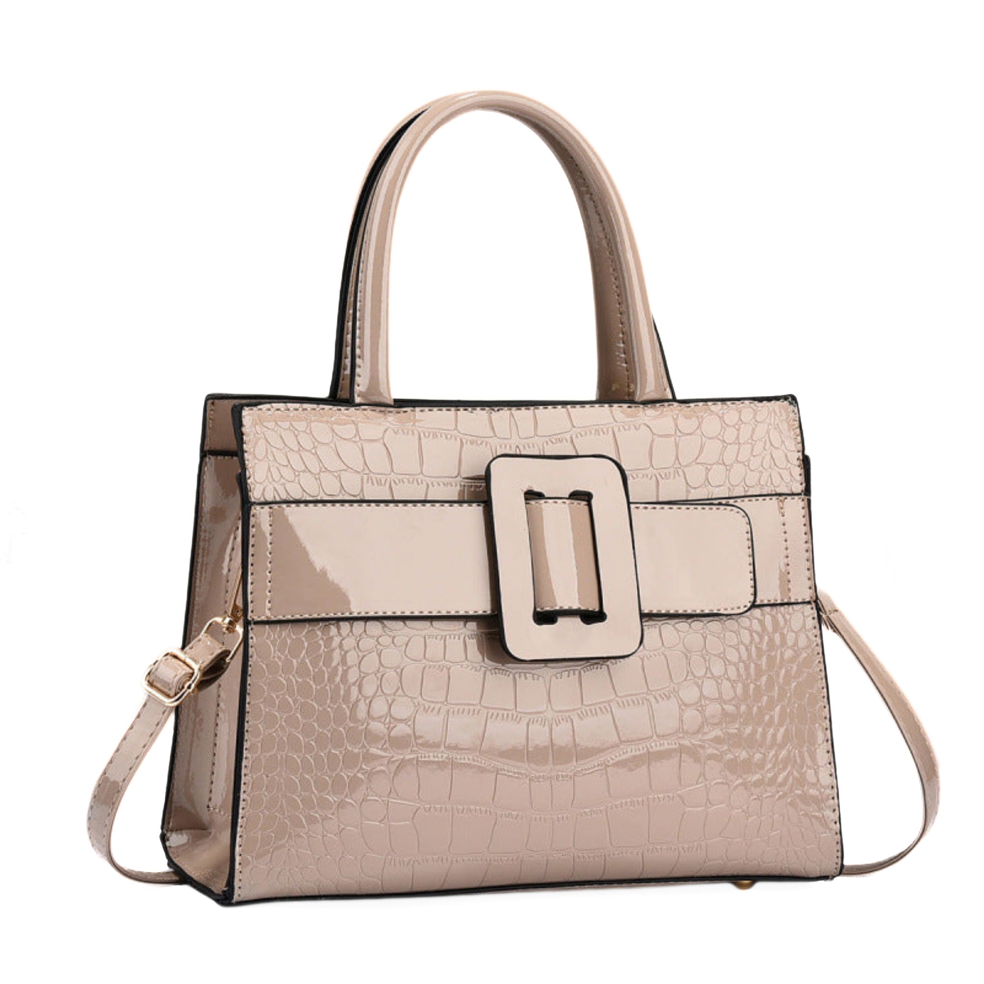 Khakifarbene Damenhandtasche aus PU-Leder mit Krokooptik und Schnallendetail