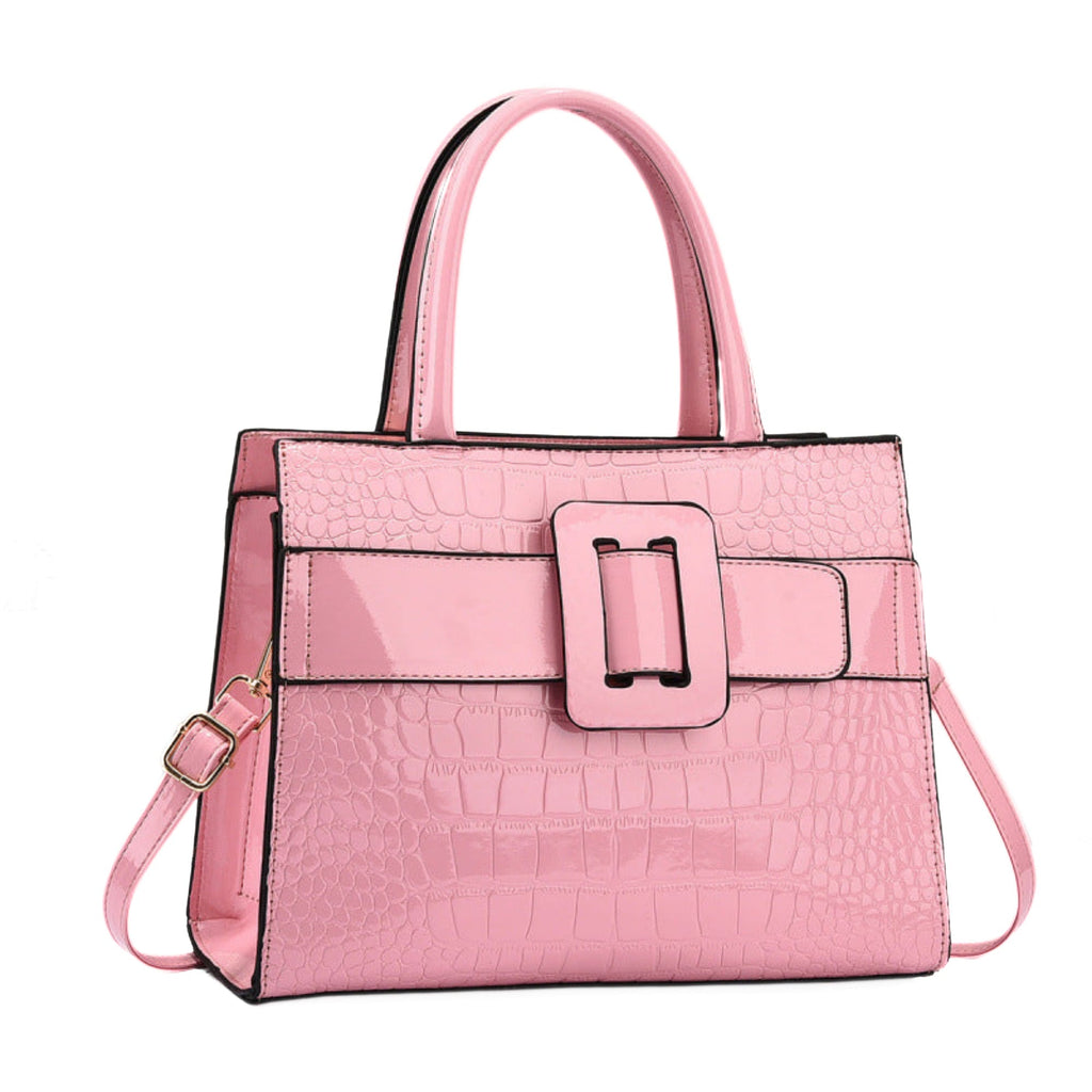 Pinke Damenhandtasche aus PU-Leder mit Krokooptik und Schnallendetail