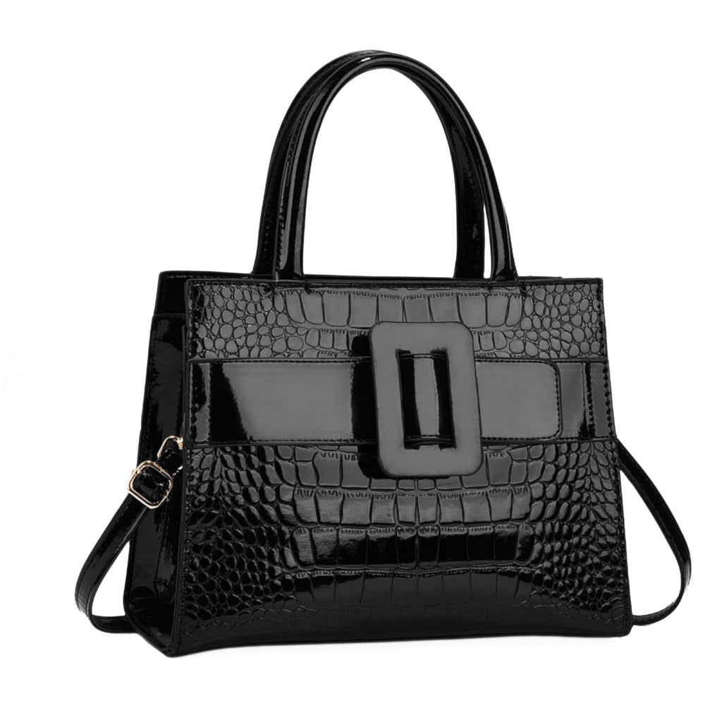 Schwarze Damenhandtasche aus PU-Leder mit Krokooptik und Schnallendetail
