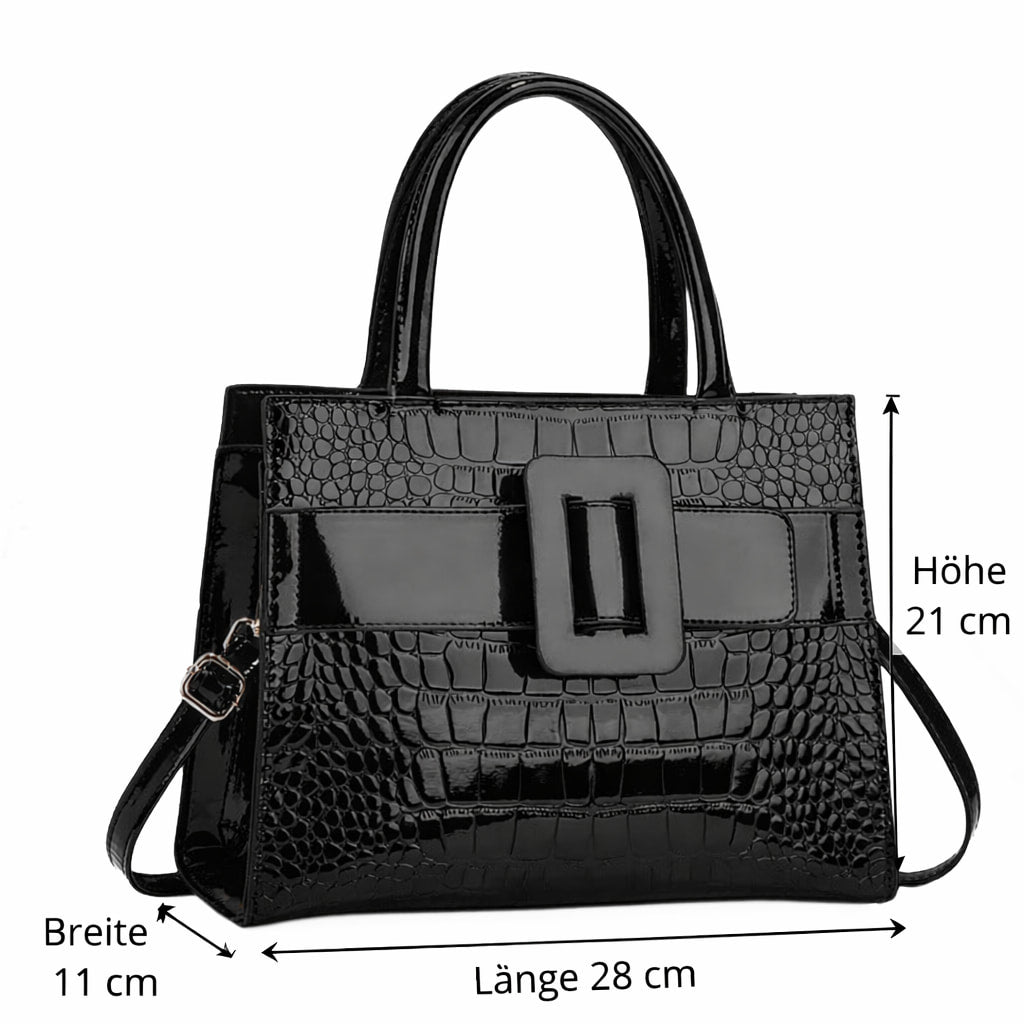 Schwarze Damenhandtasche aus PU-Leder mit Maßangaben: Länge 28 cm, Breite 11 cm, Höhe 21 cm