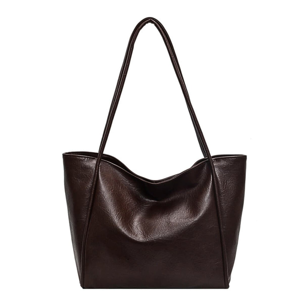 Dark brown leather tote bag with embossed texture front view