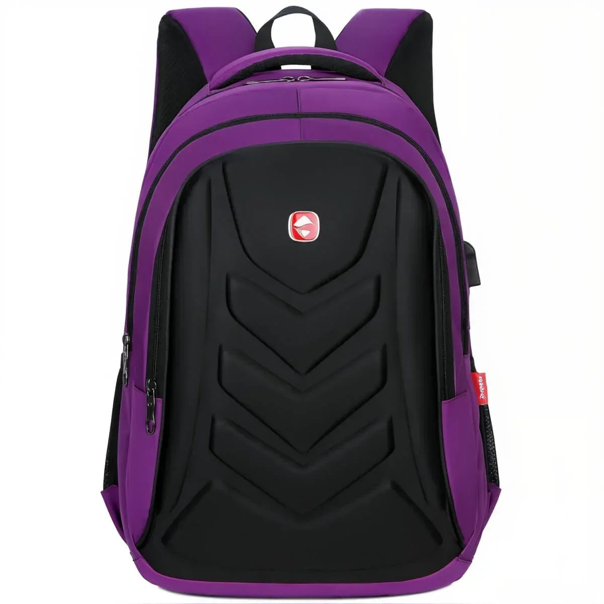 Hartschalen-Laptop-Rucksack in Lila und Schwarz, Vorderansicht, modernes Design