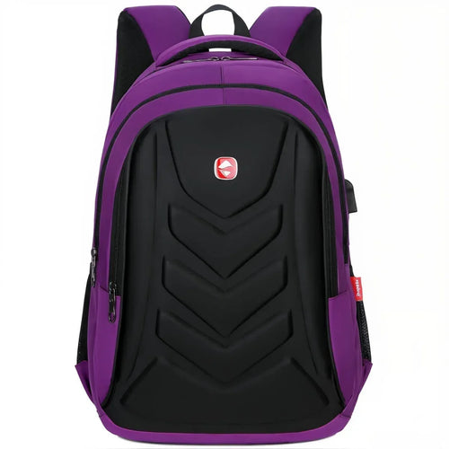 Hartschalen-Laptop-Rucksack in Lila und Schwarz, Vorderansicht, modernes Design