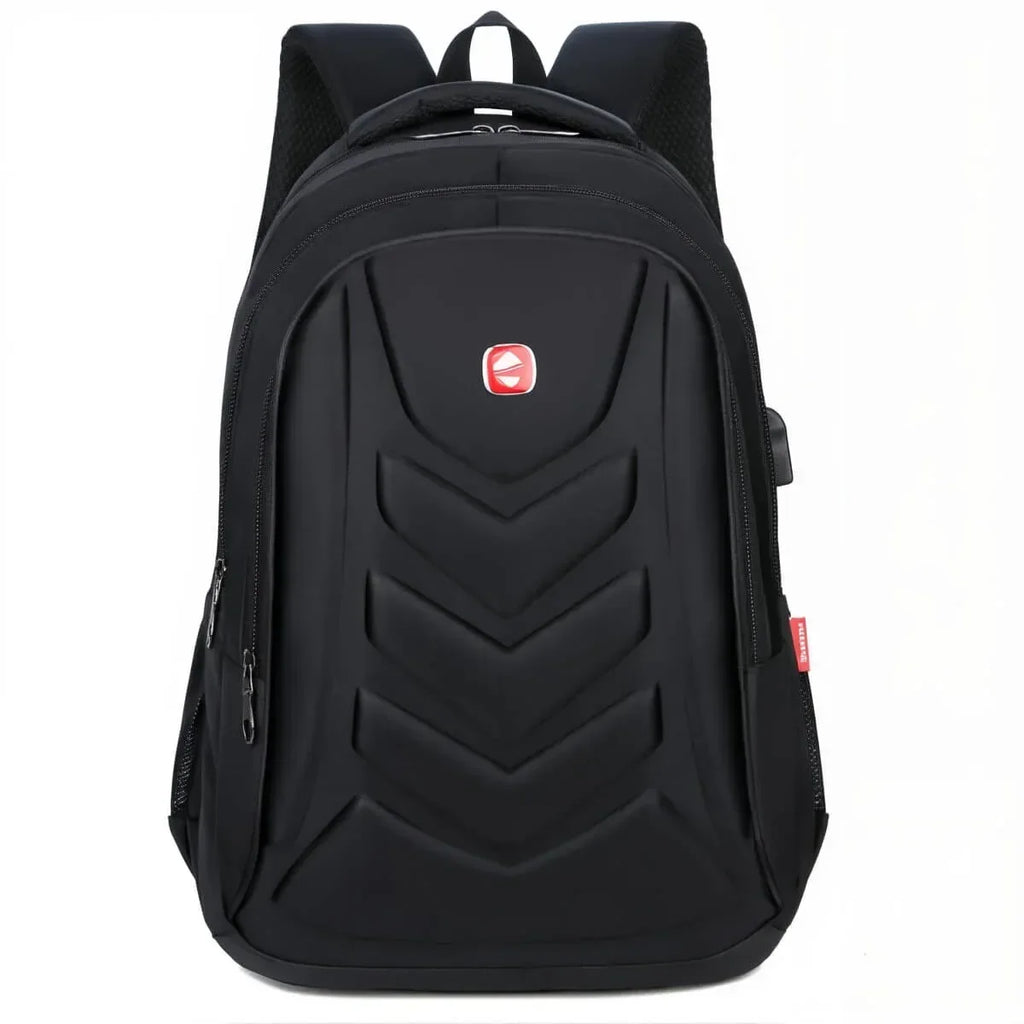 Schwarzer Hartschalen Laptop-Rucksack, Vorderansicht, modern, robust, mit Reißverschlüssen