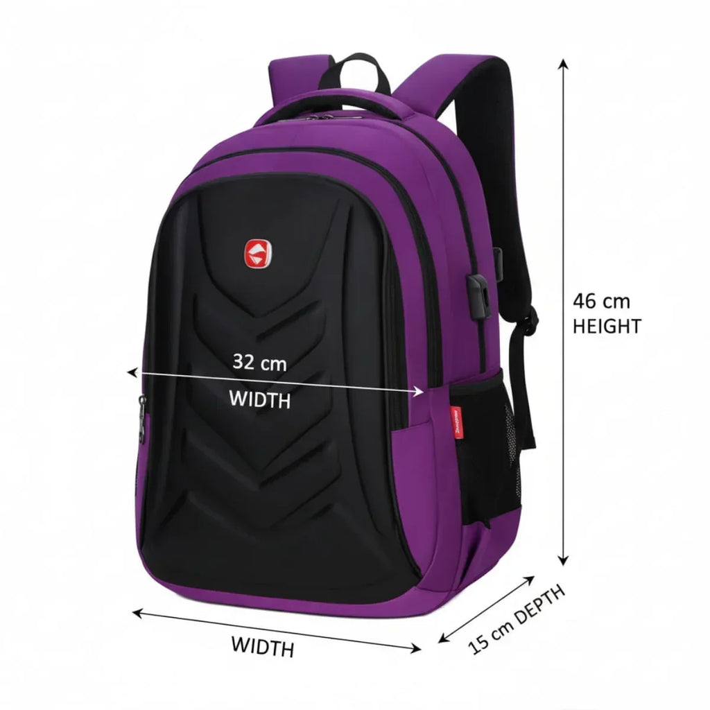 Lila Hartschalen-Rucksack mit schwarzen Details, Maße 46x32x15 cm, Frontansicht