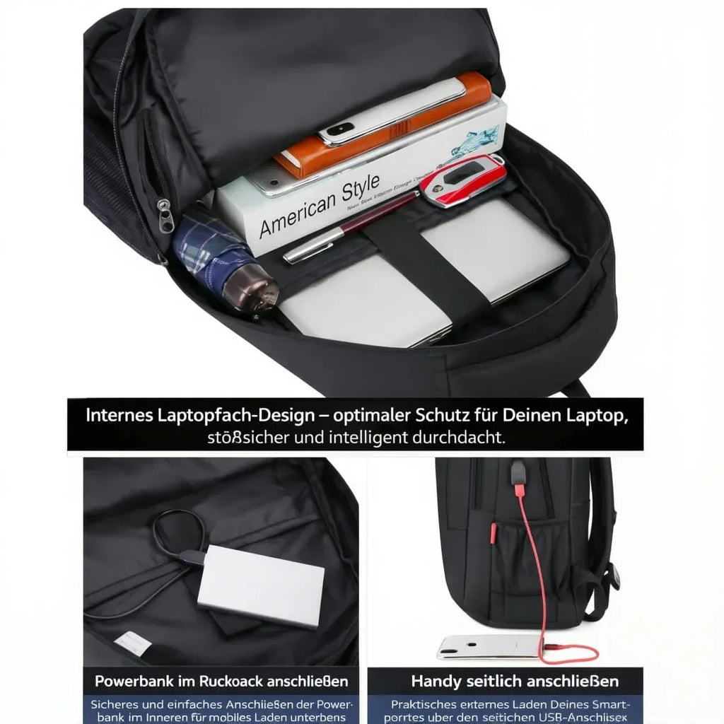 Laptoprucksack mit organisiertem Innenraum, Laptopfach, Powerbank und USB-Anschluss