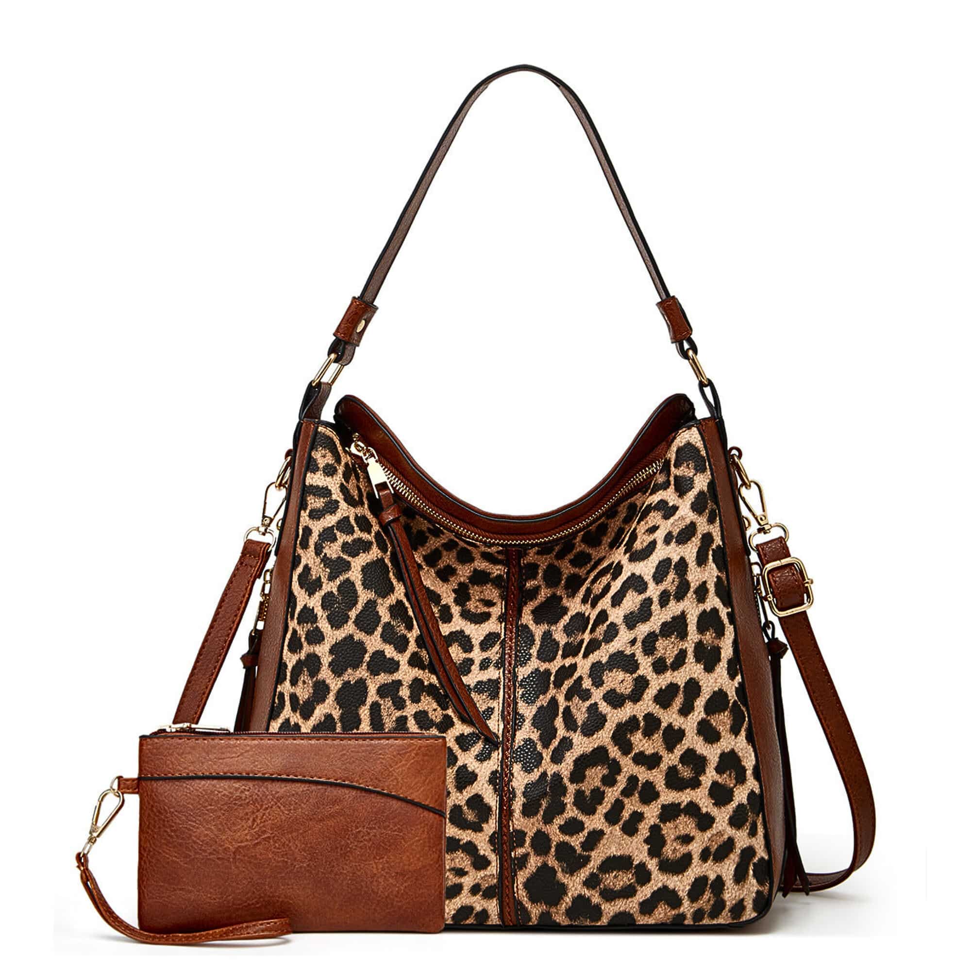 Leoparden Hobo Tasche mit braunen Lederdetails, Zierquasten und passender Clutch
