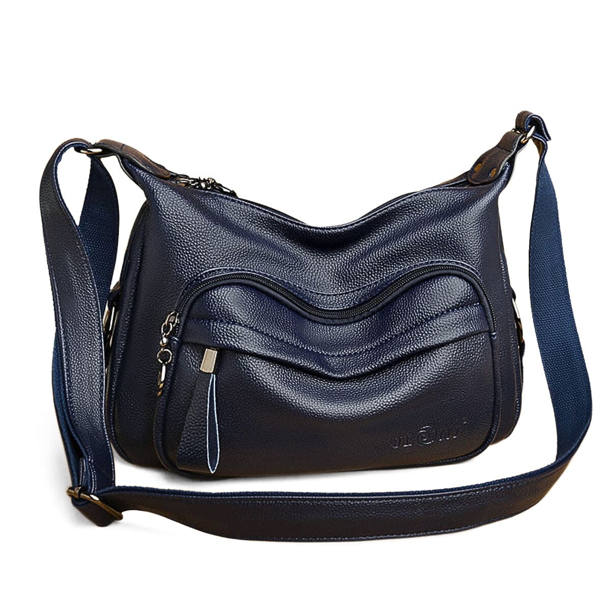 Navy blue hobo bag with quilted wave design crossbody strap and front zipper pocket