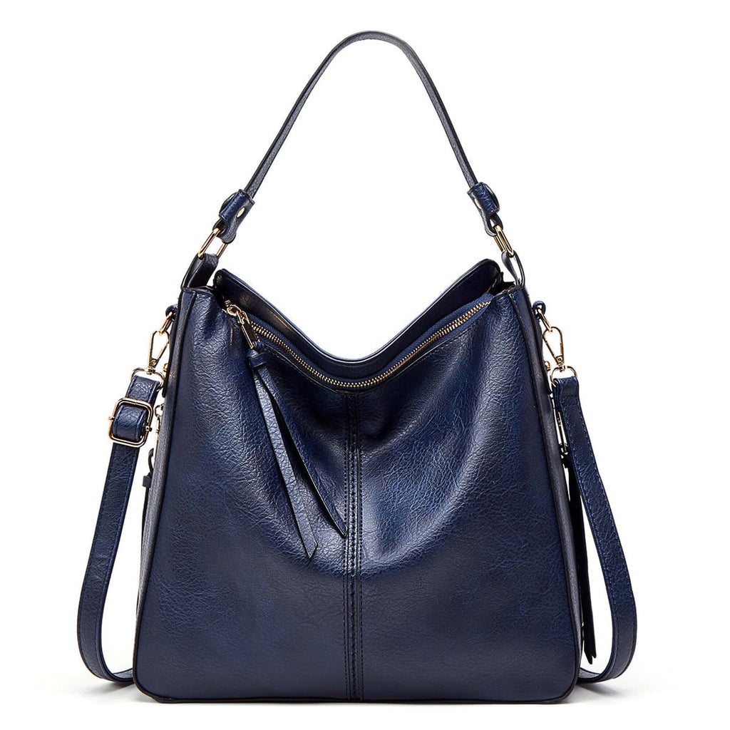 Navy blue leather hobo bag with adjustable shoulder strap and crossbody strap