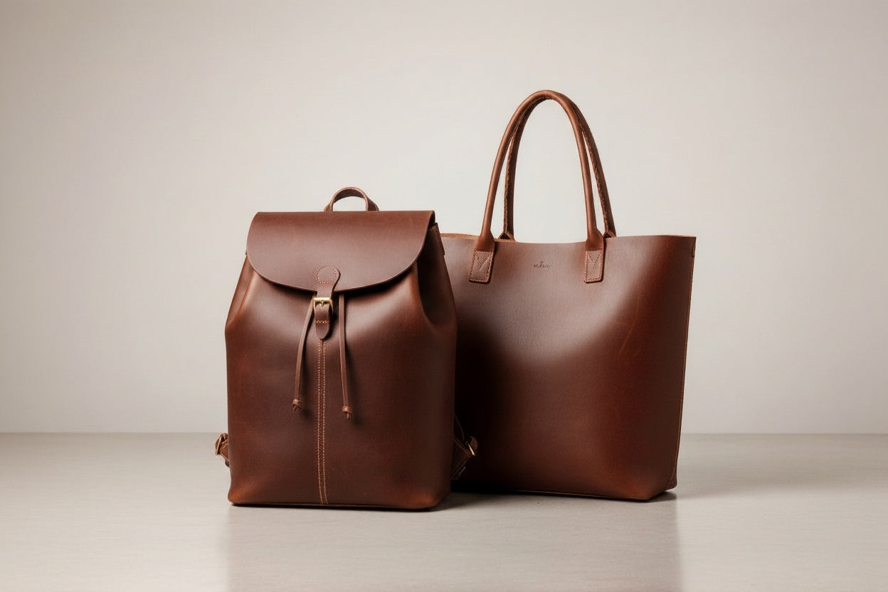 Premium Leder Rucksack und Tote Tasche in Cognac Braun