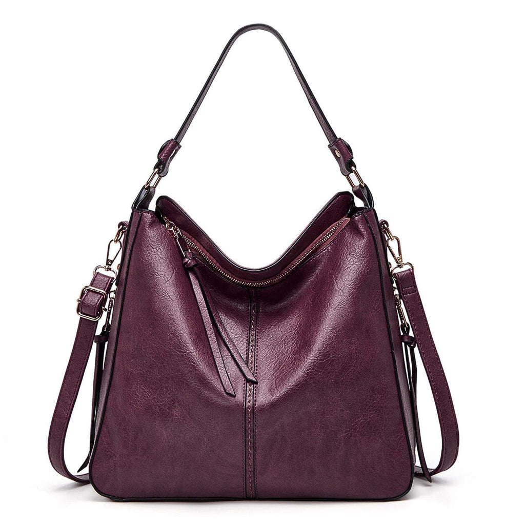 Purple leather hobo bag with adjustable shoulder strap and crossbody strap