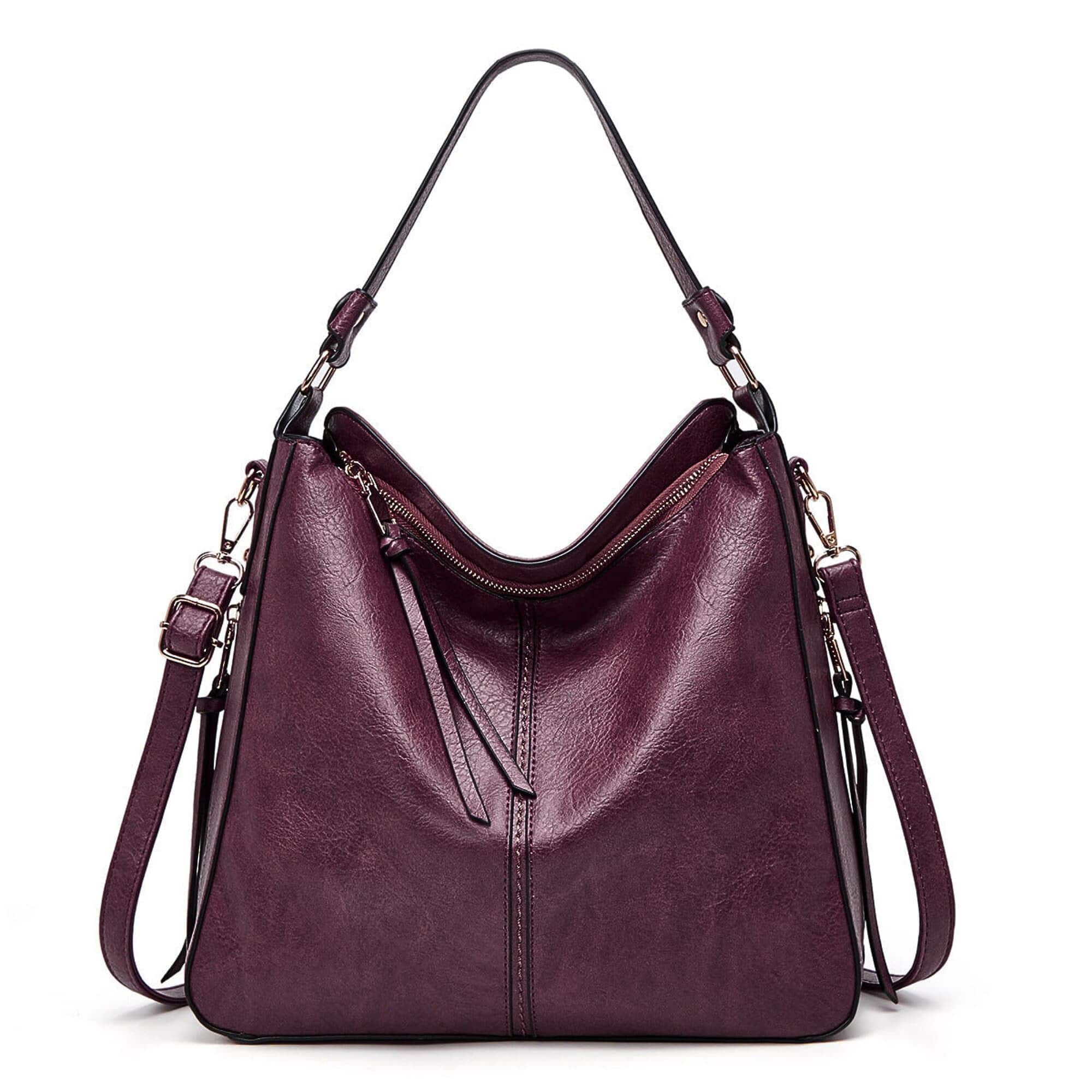 Purple leather hobo bag with adjustable shoulder strap and crossbody strap
