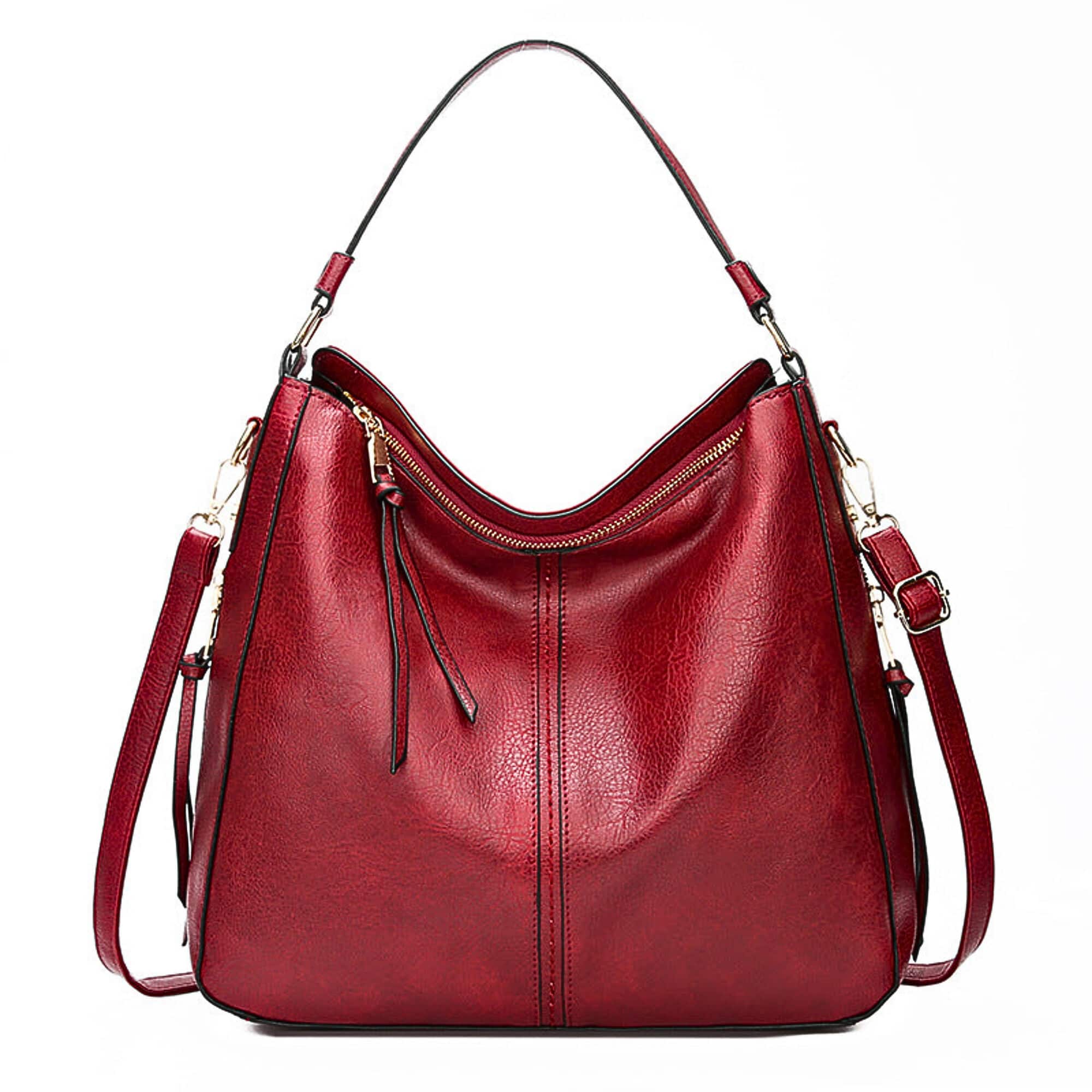 Red leather hobo bag with adjustable shoulder strap and crossbody strap