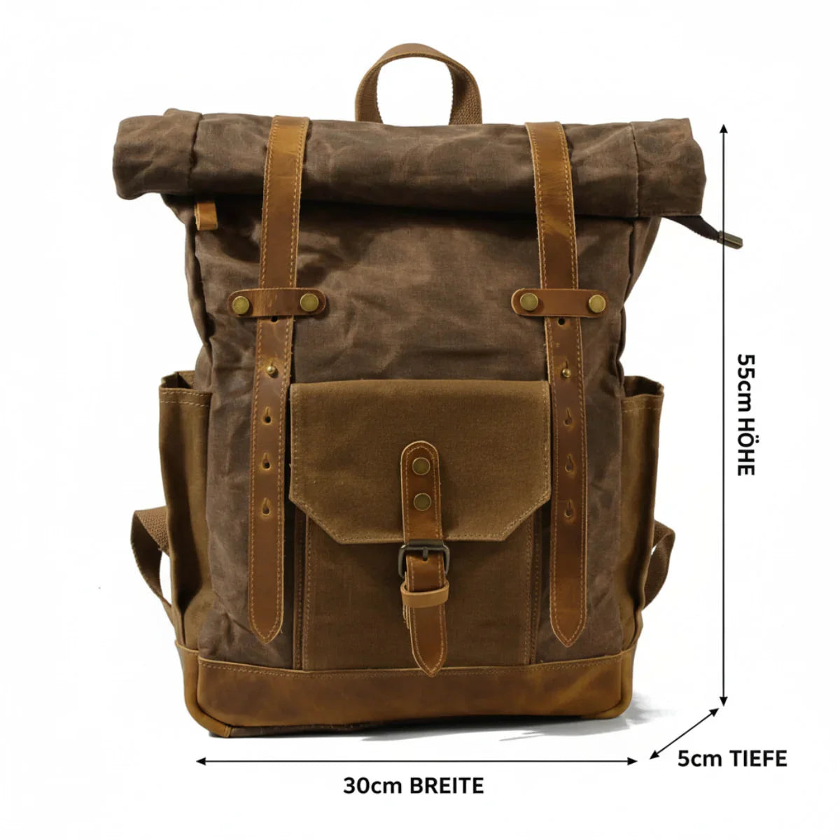 Retro Rucksack aus Canvas und Leder, Maße 55x30x5cm, braun, Frontansicht