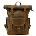Retro Rucksack Herren aus braunem Canvas und Leder mit Rolltop und Vordertasche