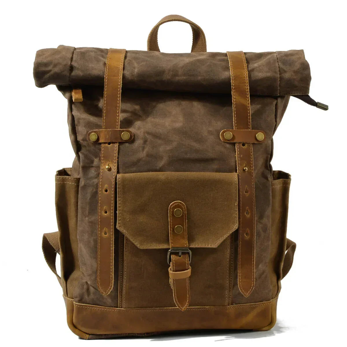 Retro Rucksack Herren aus braunem Canvas und Leder mit Rolltop und Vordertasche