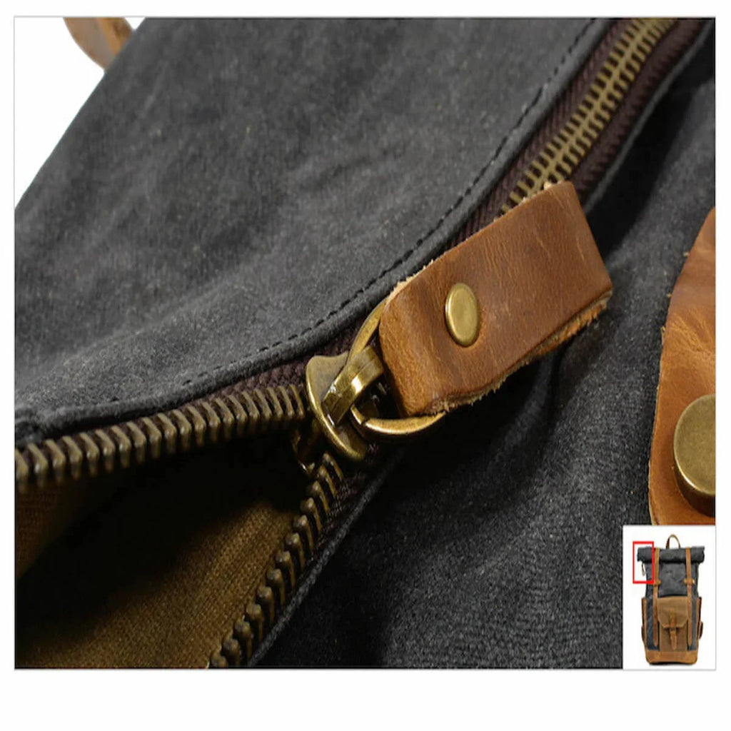 Detailansicht Reißverschluss retro Rucksack Herren Canvas und Leder braun