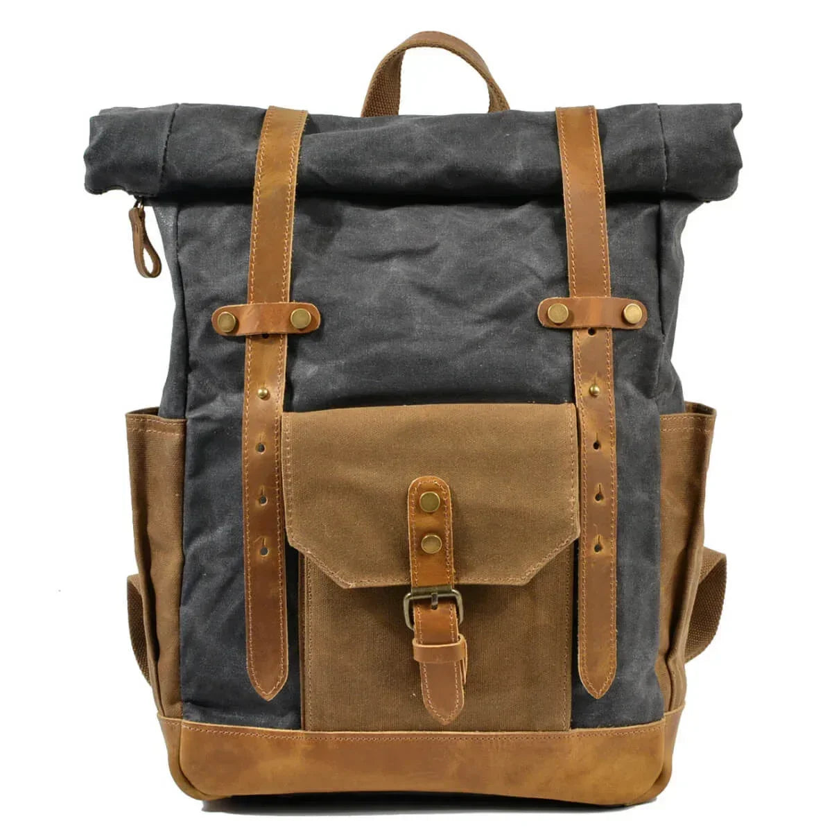 Retro Rucksack für Herren aus grauem Canvas und braunem Leder mit Fronttasche.