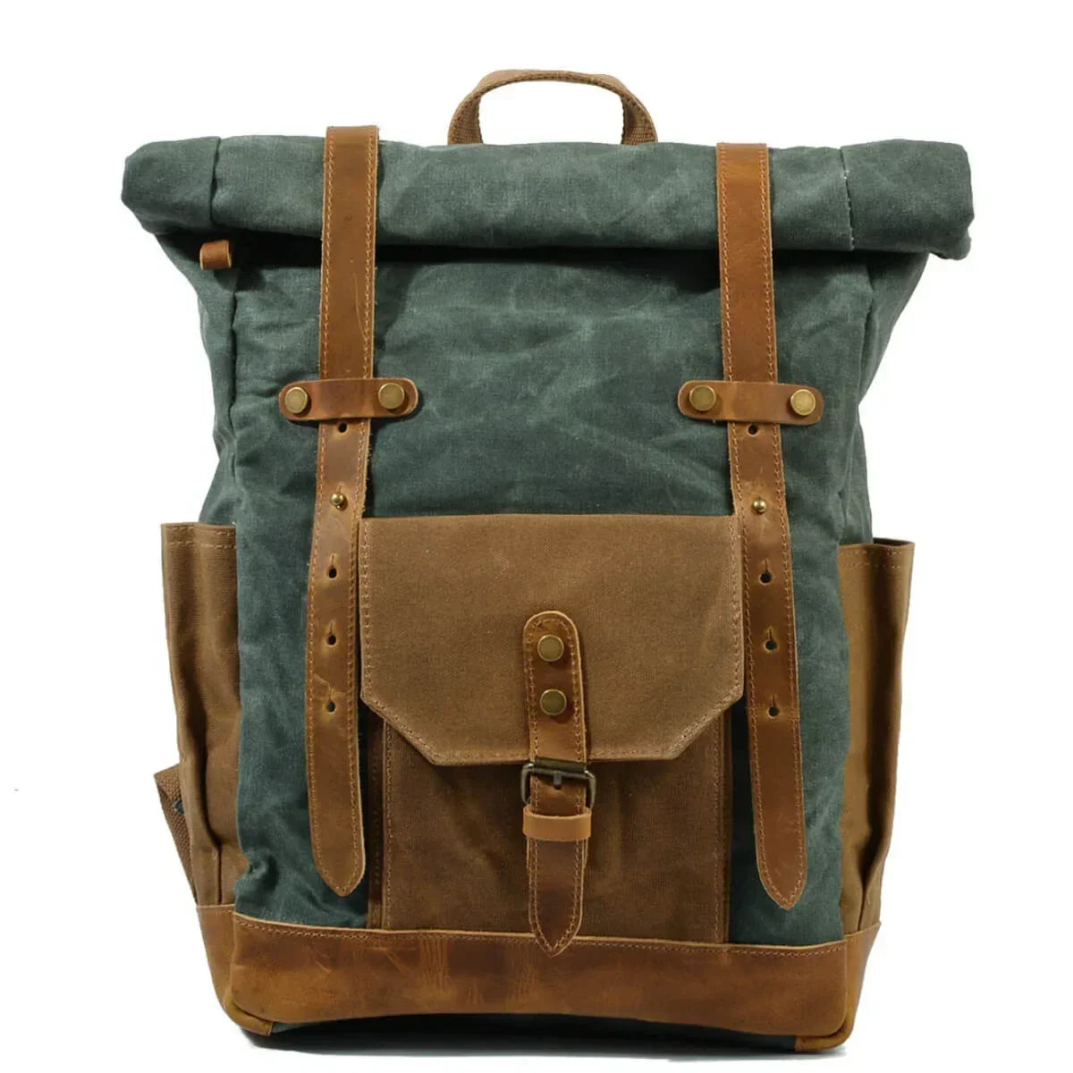 Retro Rucksack für Herren aus grünem Canvas und braunem Leder mit Fronttasche