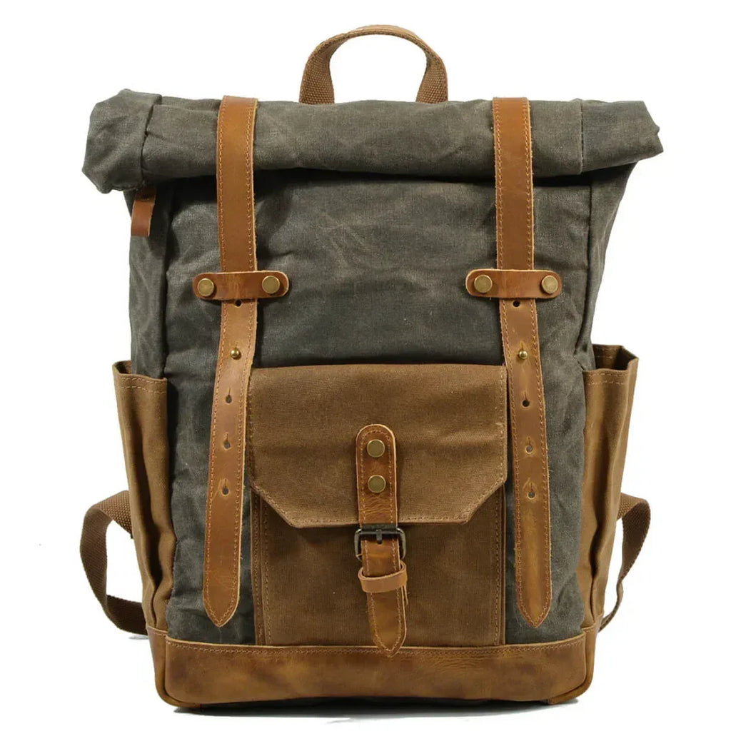 Retro Rucksack Herren aus olivgrünem Canvas und braunem Leder mit Fronttasche und Schnallen