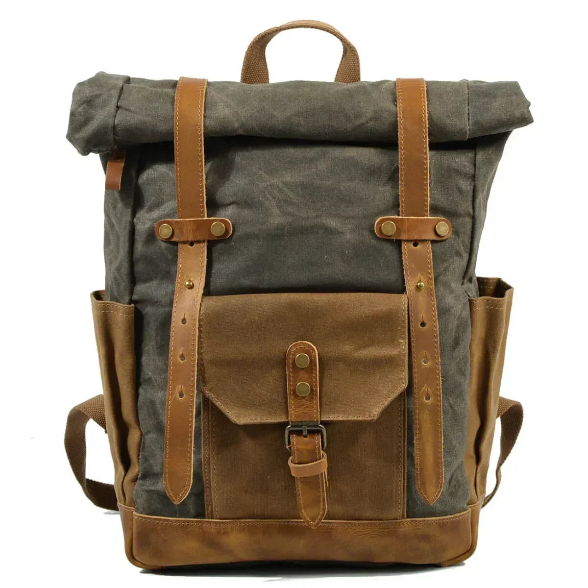 Retro Rucksack Herren aus olivgrünem Canvas und braunem Leder mit Fronttasche und Schnallen