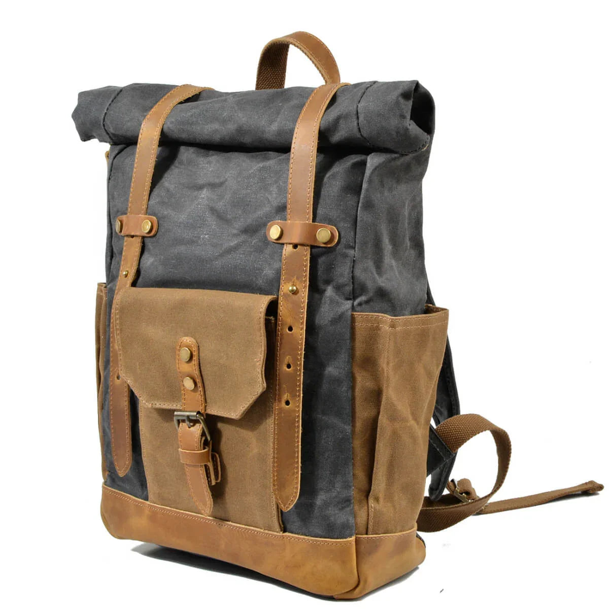 Retro Rucksack Herren aus Canvas und Leder, Seitenansicht mit Fronttasche und Schnallen