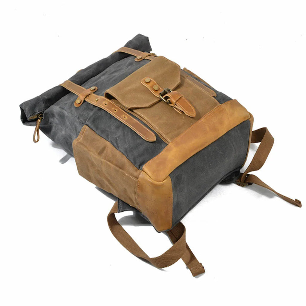 Retro Rucksack Herren aus Canvas und Leder mit Bodenschutz, braun-schwarz, Vintage Stil