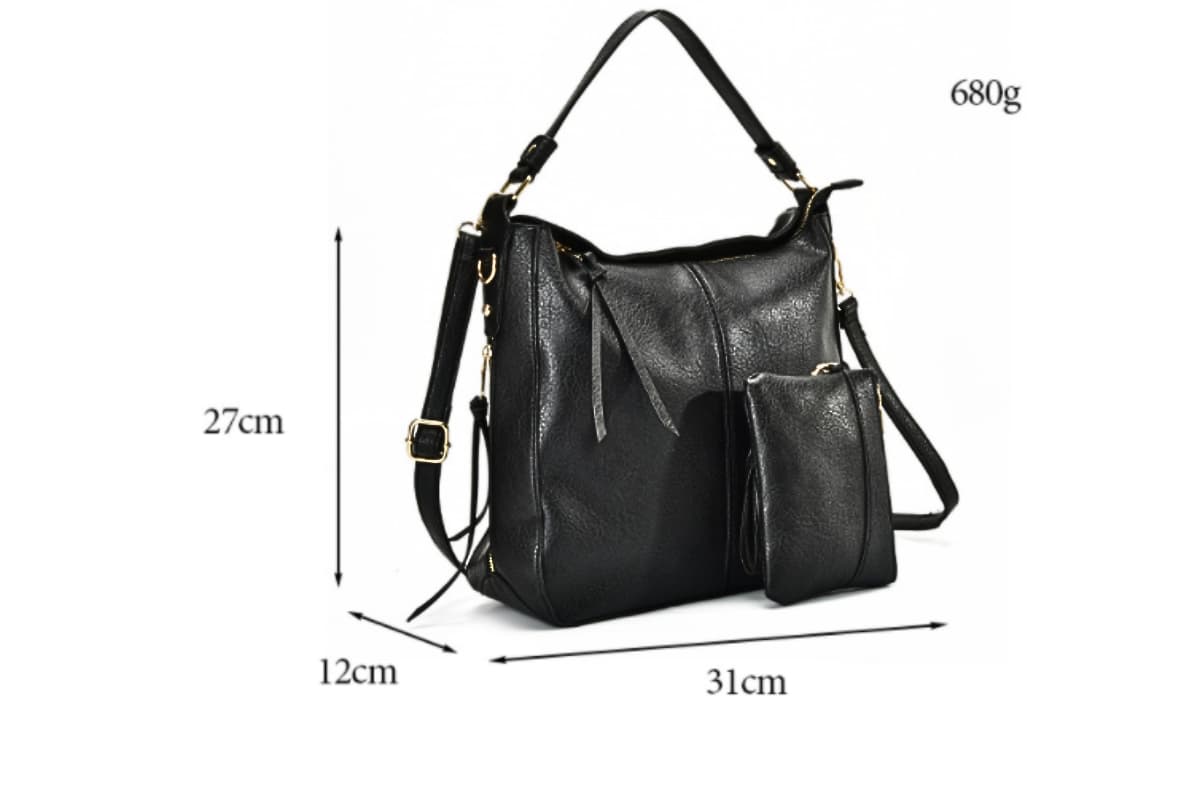 Schwarze Leder Hobo Tasche mit abnehmbarem Schultergurt und passender Clutch, 27x31x12cm, 680g
