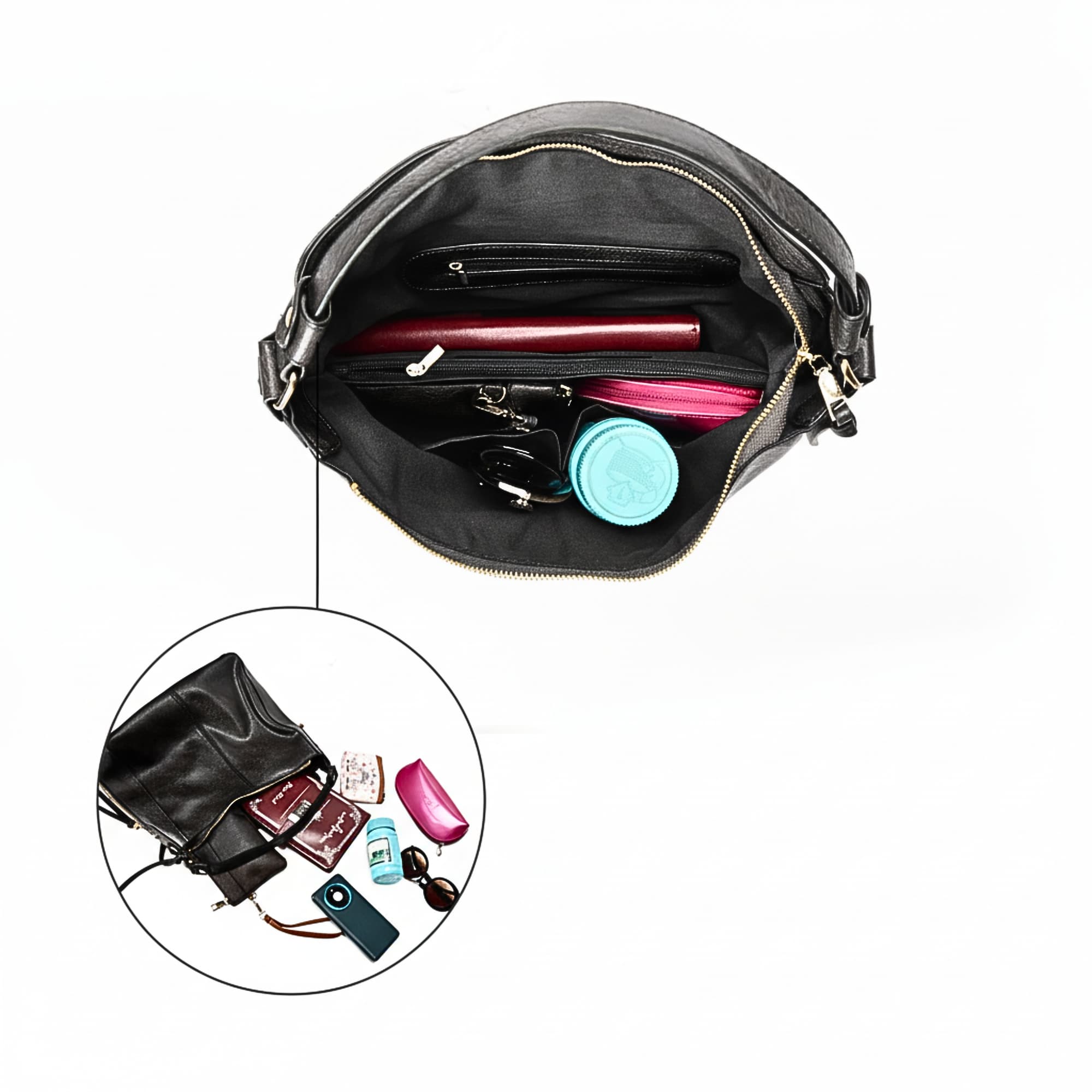 Schwarze Leder Hobo Tasche Innenansicht mit Reißverschlussfach und großem Stauraum
