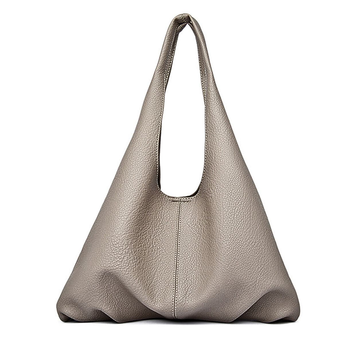 Silbergraue Leder-Hobo-Tasche mit einem einzelnen Schulterriemen