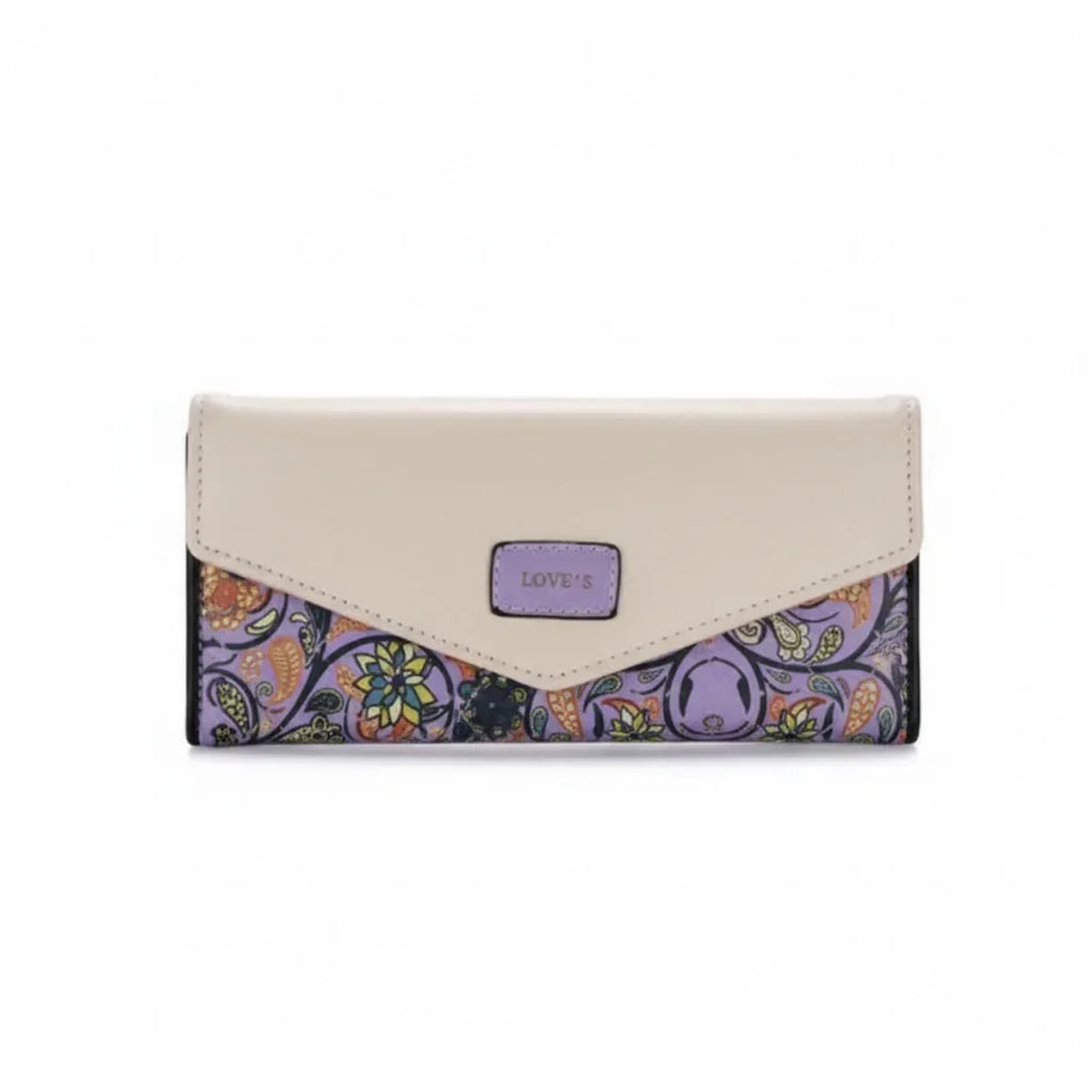 Beigefarbene Geldbörse im Umschlagstil mit lila Blumen- und Vogelmotiv, Damen Accessoire