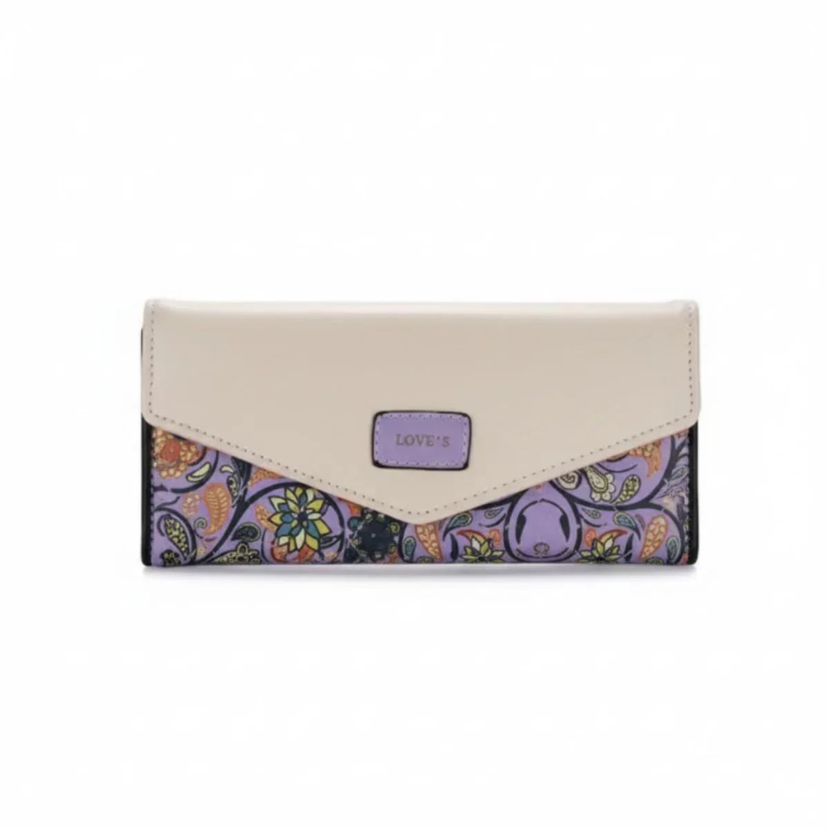 Beigefarbene Geldbörse im Umschlagstil mit lila Blumen- und Vogelmotiv, Damen Accessoire