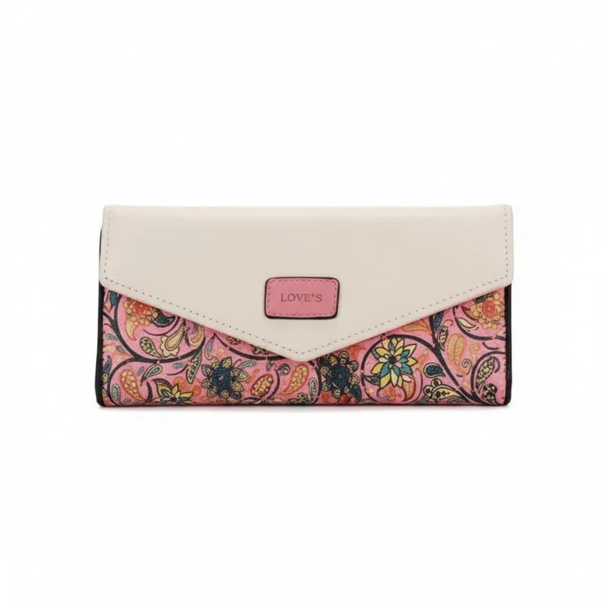 Beige-rosa Geldbörse mit Blumenmuster und LOVE'S Patch, Vorderansicht
