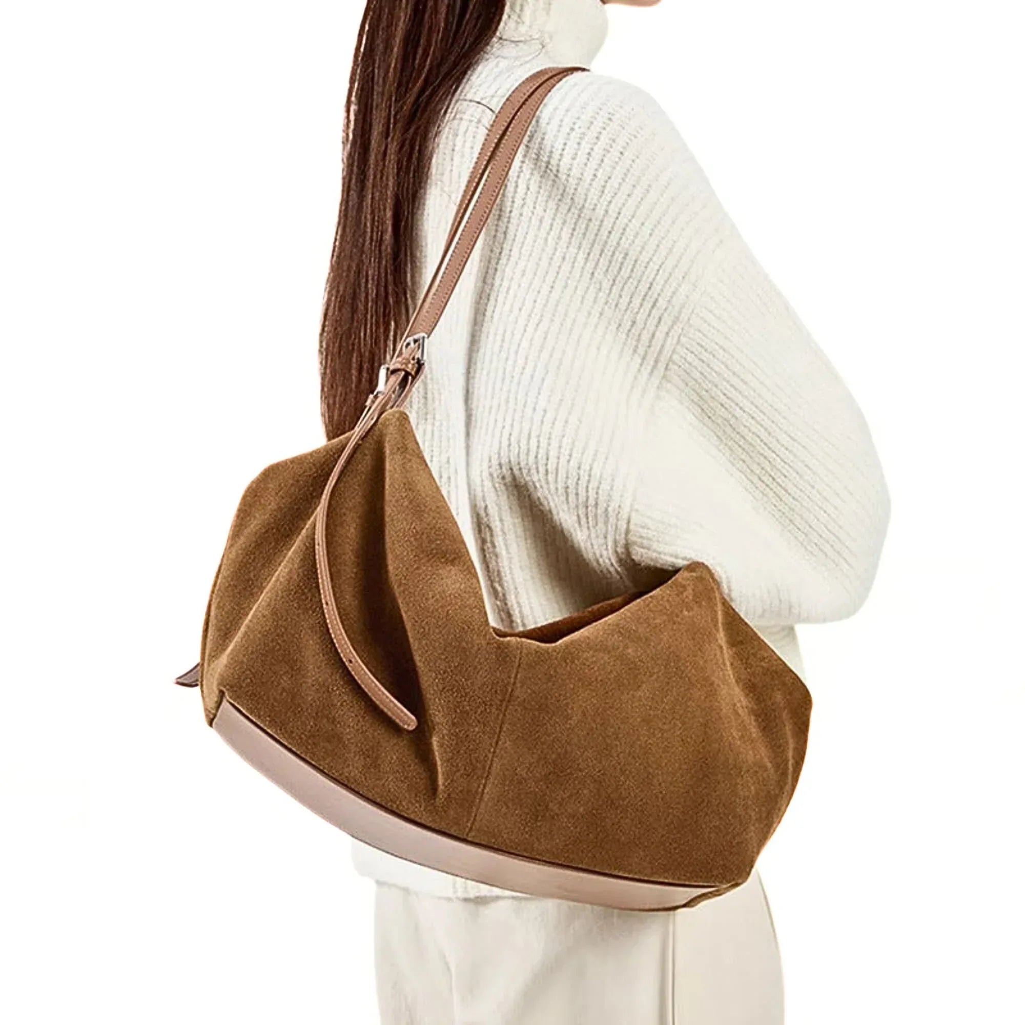 Wildleder Schultertasche Damen Braun – Hobo Bag Echtleder - LyneaAya